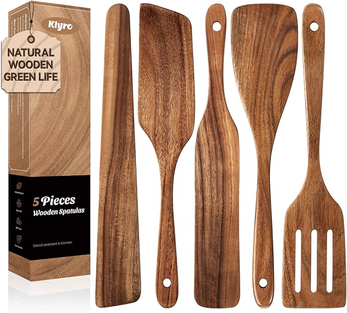 KLYRO 5 PCS Wooden Spatula Set, Natural Teak Wooden Spoons for Cooking, Nonstick Cookware Safe Kitchen Utensils Set, Durable & Elegant Cooking Utensils Gift Set