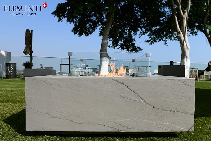Elementi+ | Capertee Gas Fire Pit Cast Concrete 40" Square Fire Table, Outdoor Fire Pit Electronic Ignition | Canvas Cover, Fire Glass and Burner Lid Included | Light Gray | Propane Gas