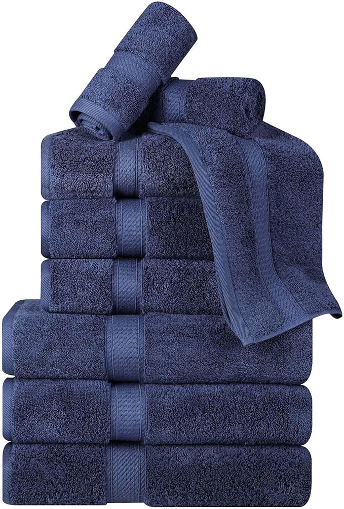 SUPERIOR Egyptian Cotton Pile 9 Piece Towel Set, Includes 3 Bath, 3 Hand, 3 Face Towels/Washcloths, Ultra Soft Luxury Towels, Thick Plush Essentials, Guest Bath, Spa, Hotel Bathroom, Navy Blue