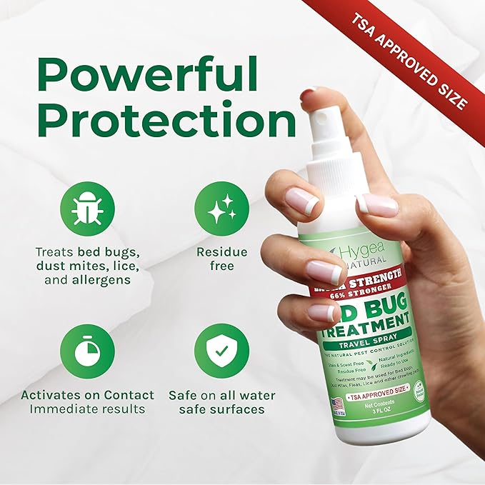 Hygea Natural Extra Strength Bed Bug & Mite Natural Travel Spray,TSA Approved Size, Child & Pet-Friendly, Stain & Odor Free, for Hotel, Suitcase, Backpack, Shoes, 66% Stronger Natural Formula(3oz)