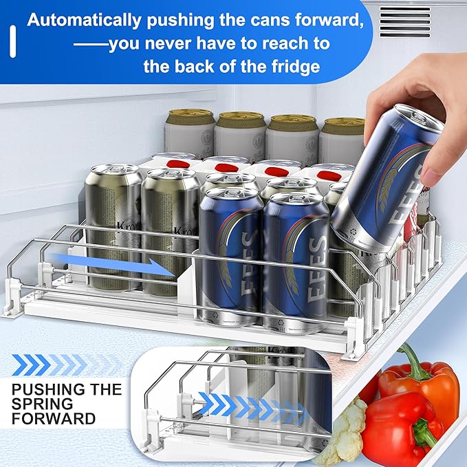 Drink Organizer for Fridge, Upgraded Drink dispenser for fridge, Automatic Pusher Glide,12oz 16oz - Can Dispenser for Fridge - Holds up to 20 Cans - 5 Rows White