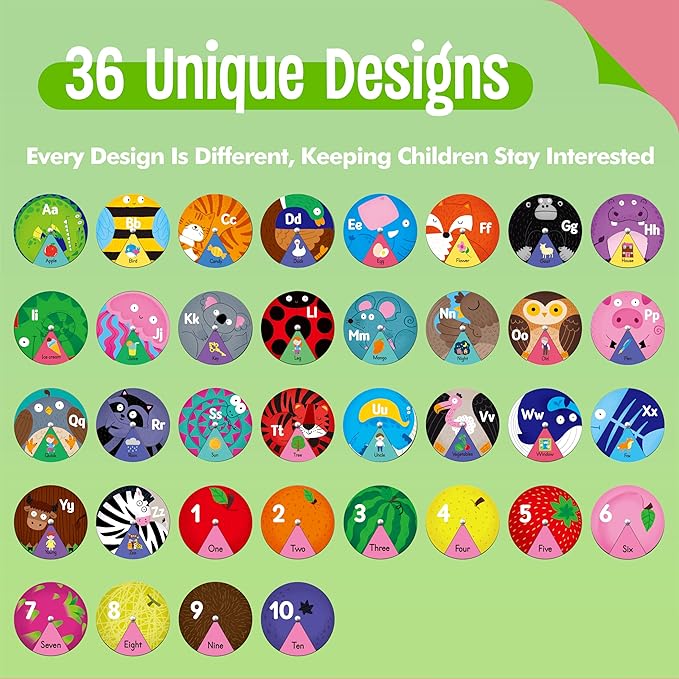 Alphabet Learning Toy, ABC Letters, Numbers, Animals Sight Words, Spinning Game 36 PCS Montessori Educational Round Cards for Toddlers, Kids 3-5