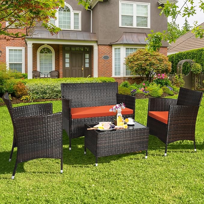 Tangkula 4 Pieces Patio Rattan Conversation Set, Outdoor Wicker Furniture with Tempered Glass Coffee Table & Thick Cushion, Rattan Chair Wicker Set for Garden, Lawn, Poolside and Backyard (1, Orange)