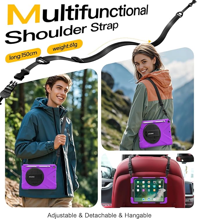 BRAECN Case for iPad 6th/5th Generation - 9.7 inch 2018/2017 Black | Protective Heavy Duty Shockproof Rugged Cover for Kids/Adults 360° Rotating Hand Strap/Stand &amp Detachable Shoulder Strap