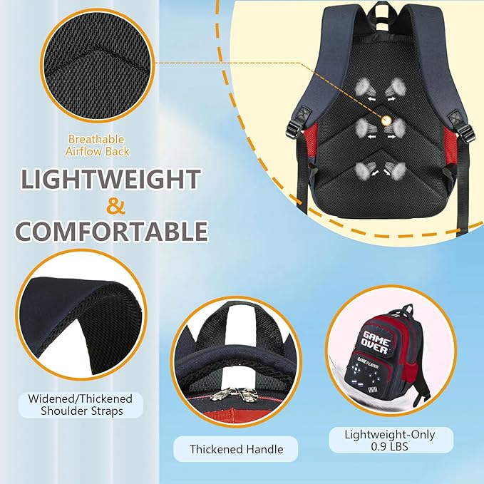 Boys Backpack with Lunch Box Glow in Dark Gamer Bookbag Kids Ages 4-12 Kindergarten Elementary Middle School Gaming Backpack, Luminous Gaming Black