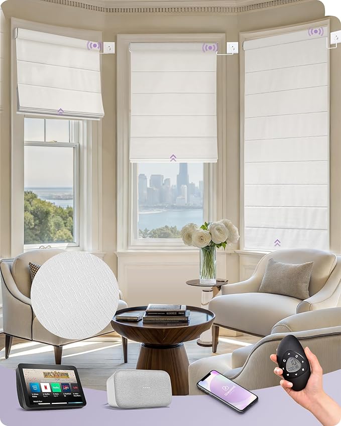 Graywind Smart Roman Shades Compatible with Alexa Google WiFi Hardwired Automatic Blind Remote Light Filtering Plain Fold Soft Roman Window Shades for Windows Doors, Custom Size (Matelasse White)
