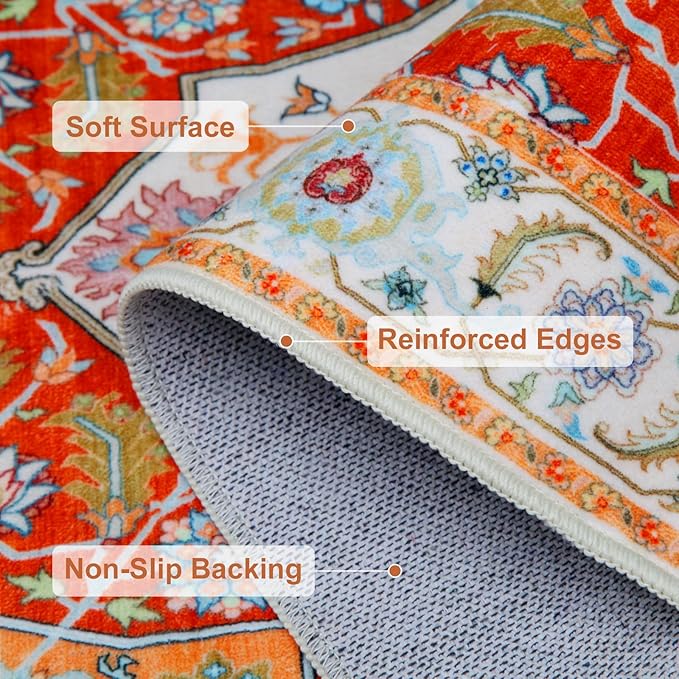 WILLSUN Washable Area Rugs, 8x10 Non-Slip Boho Large Area Rugs for Living Room, Bedroom, Machine Washable Vintage Rug, Indoor Floral Print Carpet for Home Decor, Kid & Pet Friendly Mat