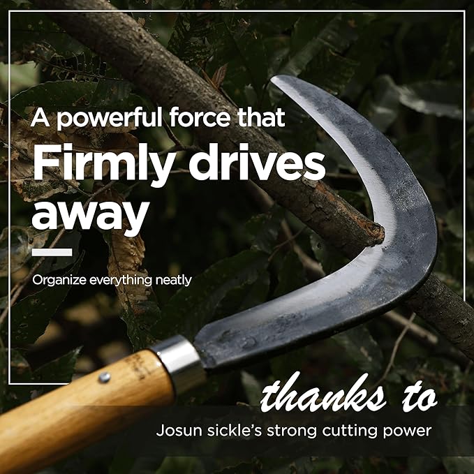 Big Size Josun Sickle - Hand-Forged Handmade Korean Weeding and Brush Clearing Tool with Razor-Sharp Blade and Chestnut Wood Handle