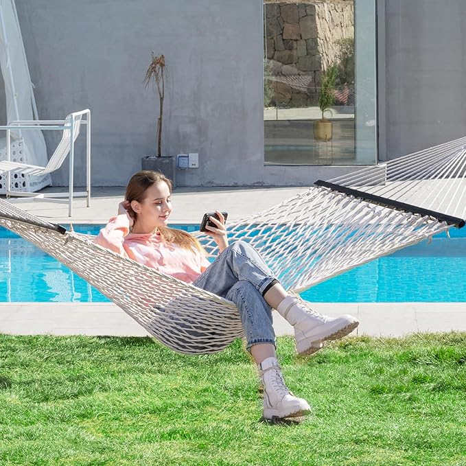 PNAEUT Double Hammocks for Outside, 13ft Traditional Rope Hammock for 2 Person with Hardwood Spreader Bar and Carrying Bag, 475 lbs Capacity (Beige)