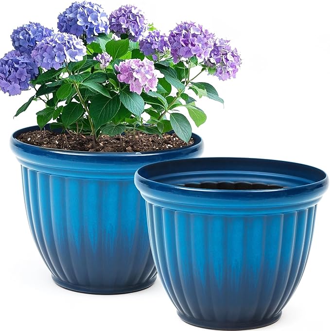 15" Large Flower Pots, Set of 2 Plastic Planters for Outdoor Indoor Plants with 3D Textures, Weather-Resistant for Porch, Garden, Patio or Indoor Use, Gradient Cobalt Blue