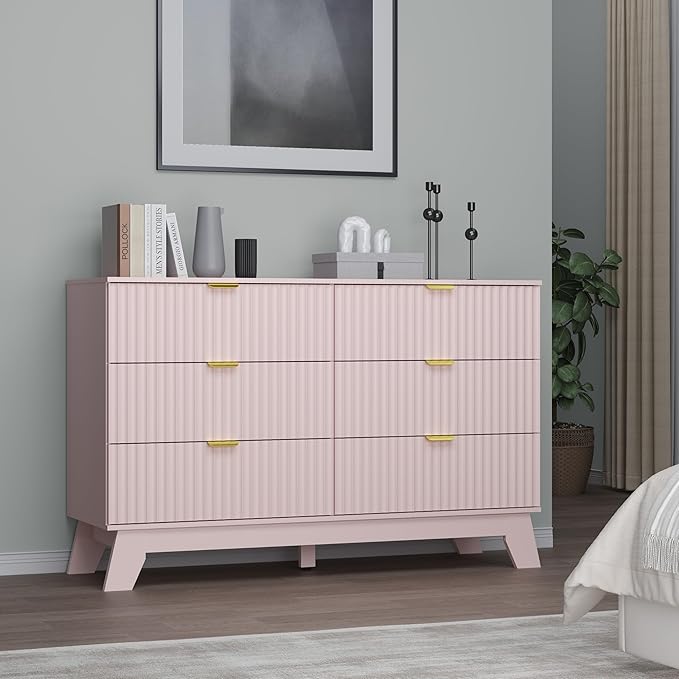 Fluted 6 Drawer Dresser, 47.2" Wide Modern Boho Chest of Drawers, Wooden Storage Dresser TV Stand for Bedroom, Living Room, Closet, Hallway, Curved Profile Design
