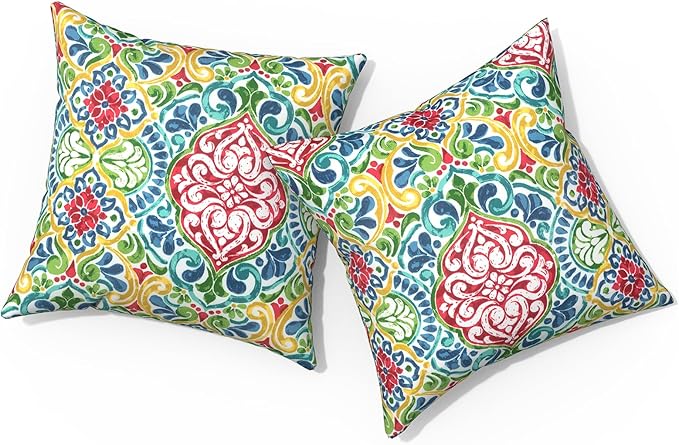 Outdoor Pillows for Patio Furniture 18x18 inch, Square Outdoor Throw Pillows with Inserts, Decorative Toss Pillows for Garden Couch Home Sofa Office Chair, Pack of 2,Damask Red
