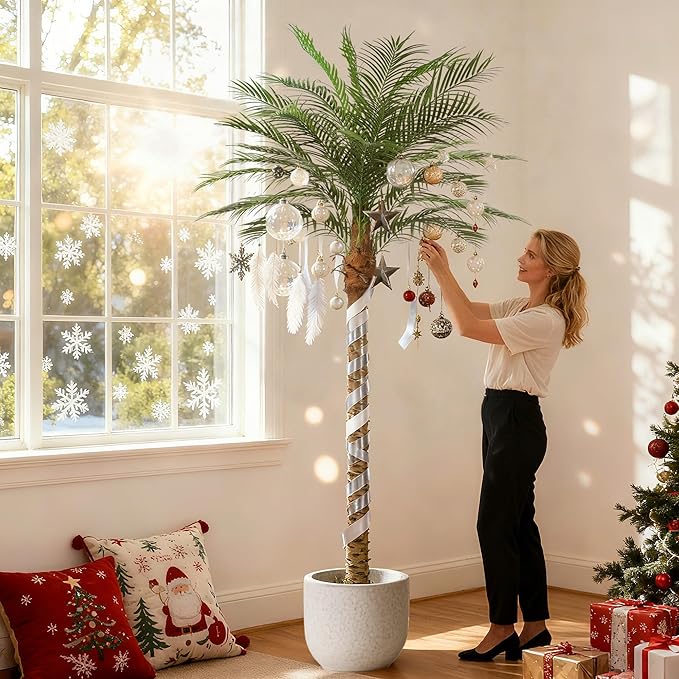 Artificial Phoenix Palm Tree 8ft Tall 2 Set – Fake Large Tropical Tree with 18 Adjustable Leaves, Outdoor Indoor Faux Sago Palm Plant for Living Room Patio Poolside Yard Decor (2, 8ft)