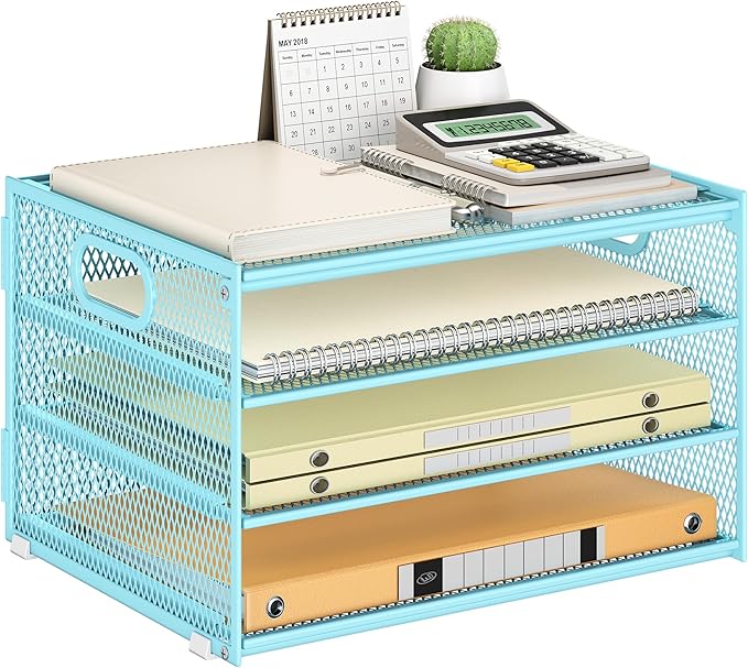 Subekyu Paper Letter Tray Organizer for Desk, Blue Metal Mesh Desk File Sorter Organizer with Handle and 2 Sliding Trays for Home Office School Supplies Organization