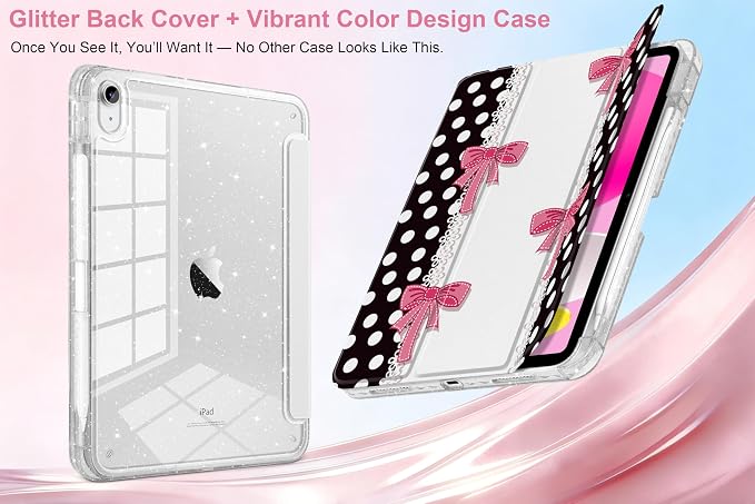 MEEgoodo Case for iPad A16 11th Generation 2025/10th Generation 2022 Glitter Tablet Cases with Transparent Acrylic Back+Trifold Stand +Pencil Holder+Auto Wake/SleepAbstract Sun &amp Palm Tree