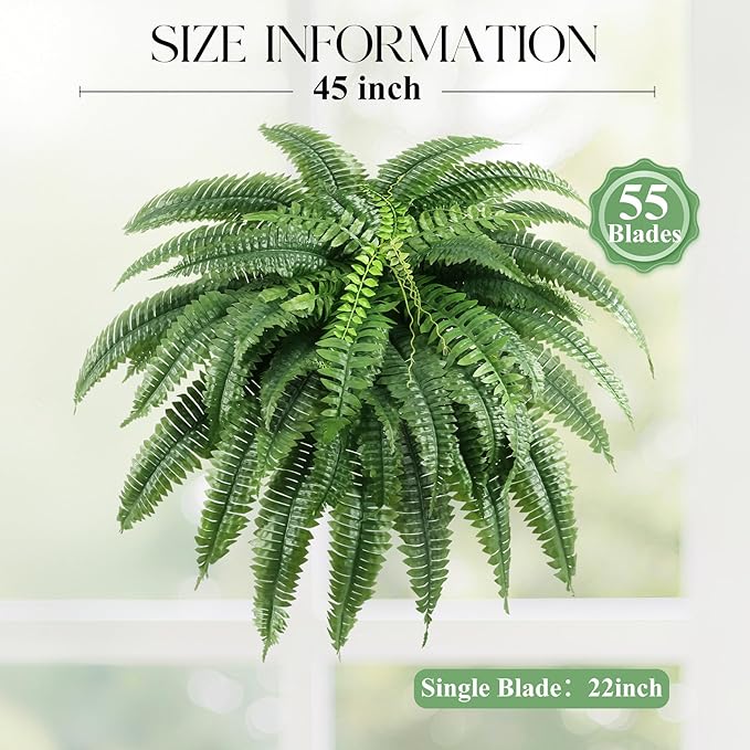 ALAGIRLS 45 Inch Artificial Boston Fern Bush with 55 Branches, Large Faux Ferns for Outdoors, Artificial Plants Suitable for Office & Living Room Decor, UV-Resistant（Pot is not Included）