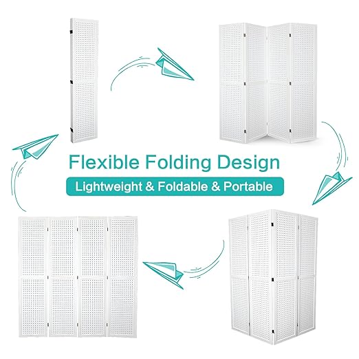 Babion 4 Panel Pegboard Display, Peg Board Room Divider Freestanding Folding Privacy Screens Pegboard Display Stand for Craft Shows (White)