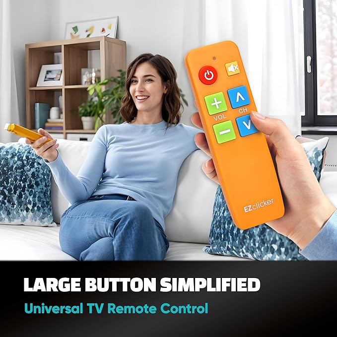 EZclicker TV Remote for Seniors, Extra Simple Big Button Remote (Orange) Works with Major TV Brands, NOT for Streaming (2xAAA Batteries Not Included)