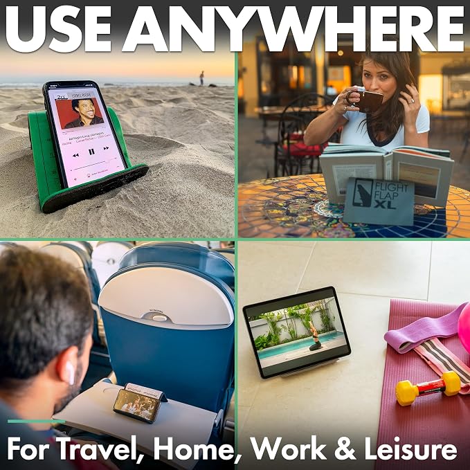 Flight Flap Airplane Tablet Holder Flexible Cell Phone and Tablet Holder Extra Large 12x7” Folding Cellphone Stand for Desk Kindle Bed Airplane Gadgets Long Travel Essentials (Black)