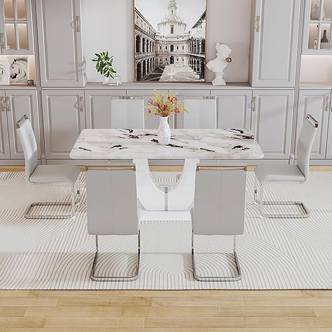 Dining Table Set for 6, Kitchen Table Chairs Set of 6, Modern Dining Room Set with 63 inch Marble Dinner Table PU Leather Upholstered Chairs for Dining Room Kitchen