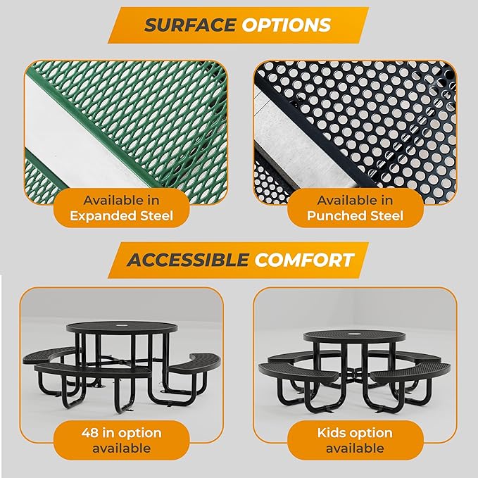 Metal Picnic Tables for Outdoors with Umbrella Hole - Coated Steel Heavy Duty Commercial Grade Furniture Set with Adjustable Seats (Blue, 38 in, Round, Expanded Steel)