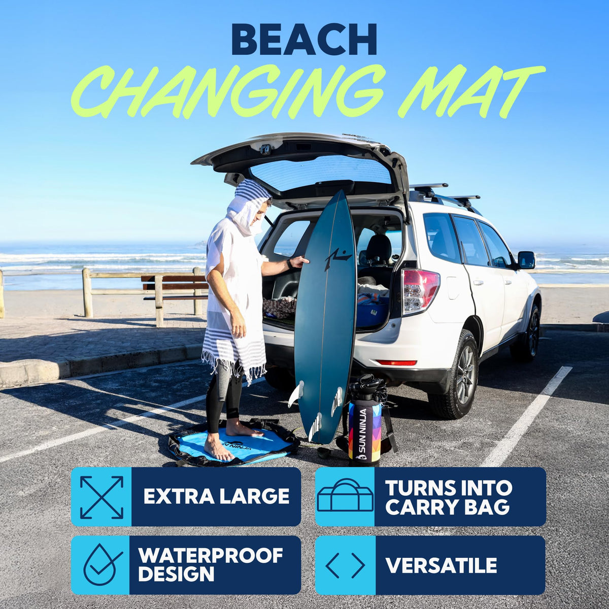 SUN NINJA Wetsuit Changing Mat - Waterproof Beach Changing Mat and Dry Bag Combo, Keeps your Car Clean & Dry and Surf Gear Protected, Beach & Surfing Accessories and Gifts