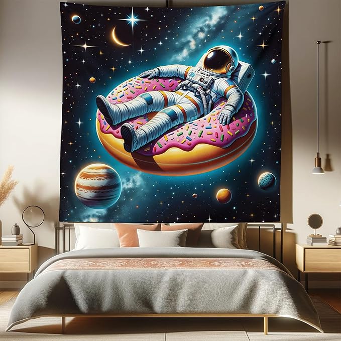 Ambesonne Funny Astronaut Tapestry Queen Size, Spaceman Floating on a Donut Through the Galaxies Planets Moon, Wall Hanging Bedspread Bed Cover Wall Decor, 88" X 88", Petrol Blue Pink Orange