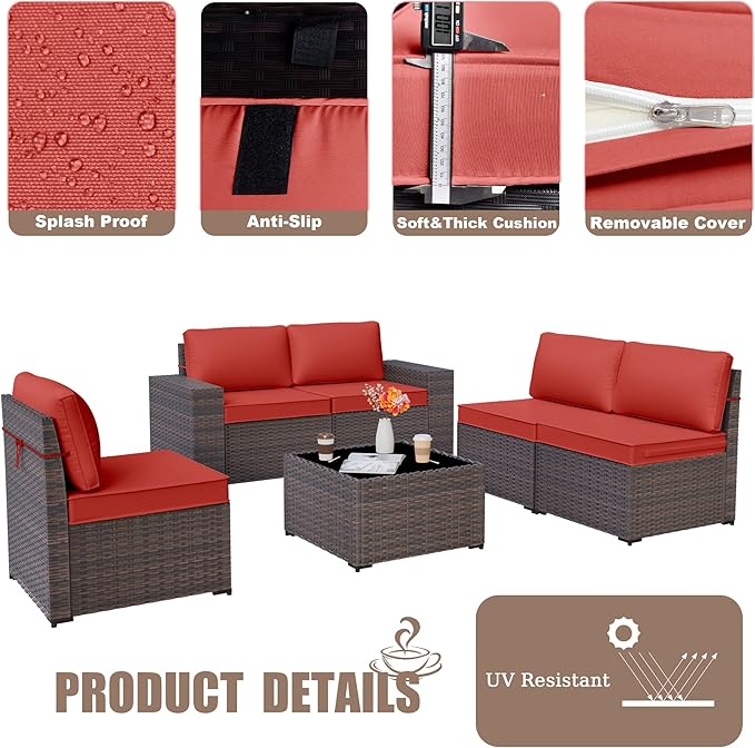 Kurapika 9 Pieces Patio Furniture Set, Rattan Sofa Set, Outdoor Conversation Sets w/Swivel Rocking Chairs Patio Sectional Sofa w/4 Inch Cushion, Red