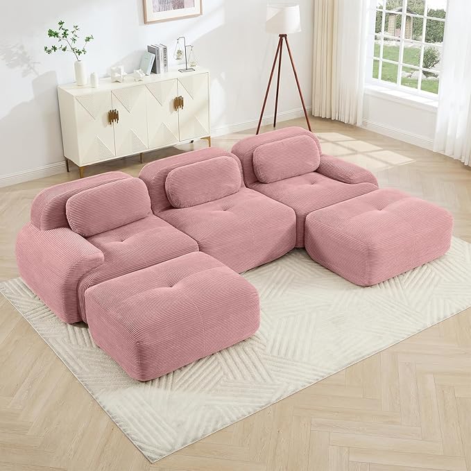 Pink Ottoman for Modular Sectional Sofa, Corduroy Deep Seat for Oversized Compressed Boneless Sectional Couches for Living Room Bedroom Apartment, Cloud Sofa Couch, Memory Foam, No AssemblyPink