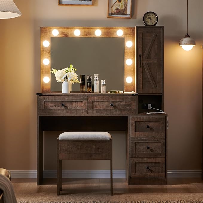 JXQTLINGMU Farmhouse Vanity Makeup Desk with Charging Station, 43" W Vanity Desk with Lights Mirror and Drawers for Makeup, Big Modern Makeup Table Set with Stool for Bedroom, Light Brown