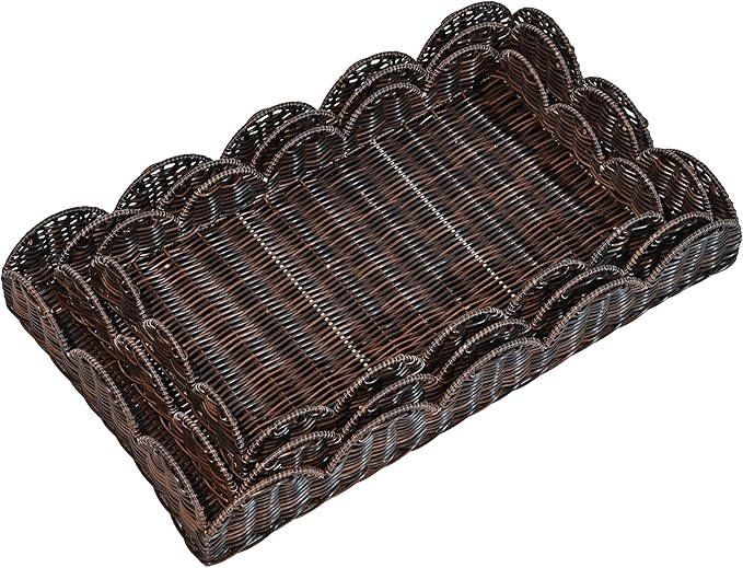 happimess TRY2001B-3SET Parker Southwestern Cottage Resin Scalloped Rectangular Decorative Serving Trays, Dark Brown (Set of 3) for Storage and Decoration in Bathroom, Bedroom, Living Room