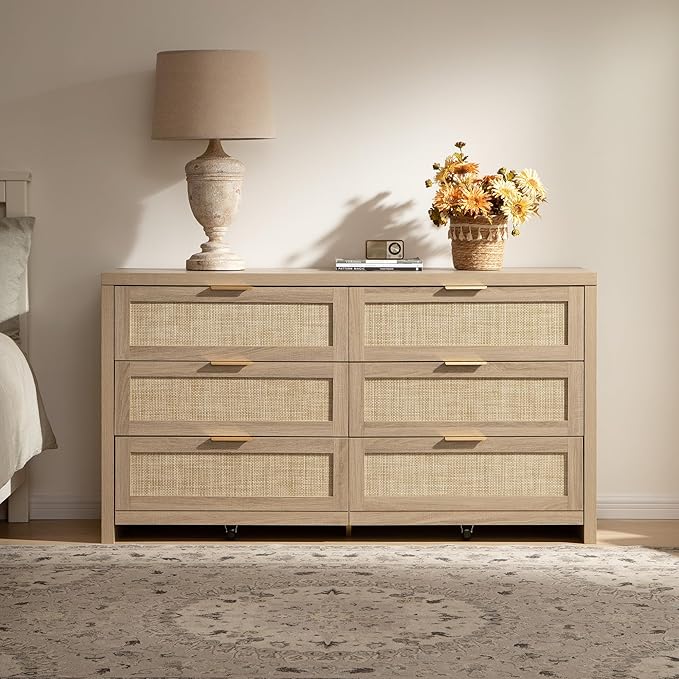 SICOTAS Rattan Dressers for Bedroom Set 2, Large 6 Drawer Dresser Long Chest of Drawers, Dresser Farmhouse TV Stand for Bedroom, Living Room, Closet (Reclaimed Light Oak, 2 Pieces)