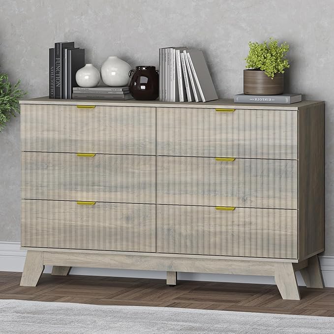 Fluted 6 Drawer Dresser, 47.2" Wide Modern Boho Chest of Drawers, Wooden Storage Dresser TV Stand for Bedroom, Living Room, Closet, Hallway, Curved Profile Design