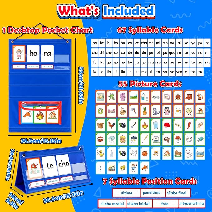 Torlam Spanish Learning Word Building Pocket Chart for Kids, Spanish Vocabulary Games Toddler Flash Cards Sight Words Flashcards Languages Spelling Reading Phonics Games for Kindergarten Preschool