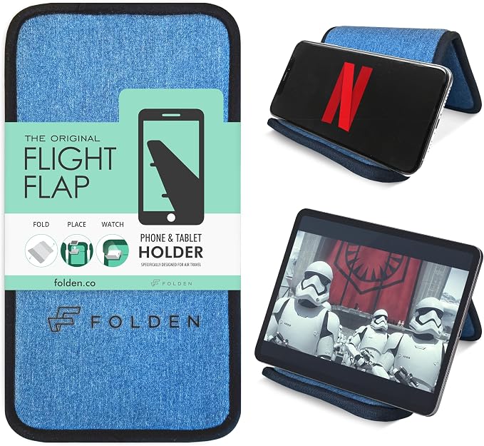 Flight Flap Airplane Tablet Holder Flexible Cell Phone and Tablet Holder Extra Large 12x7” Folding Cellphone Stand for Desk Kindle Bed Airplane Gadgets Long Travel Essentials (Black)