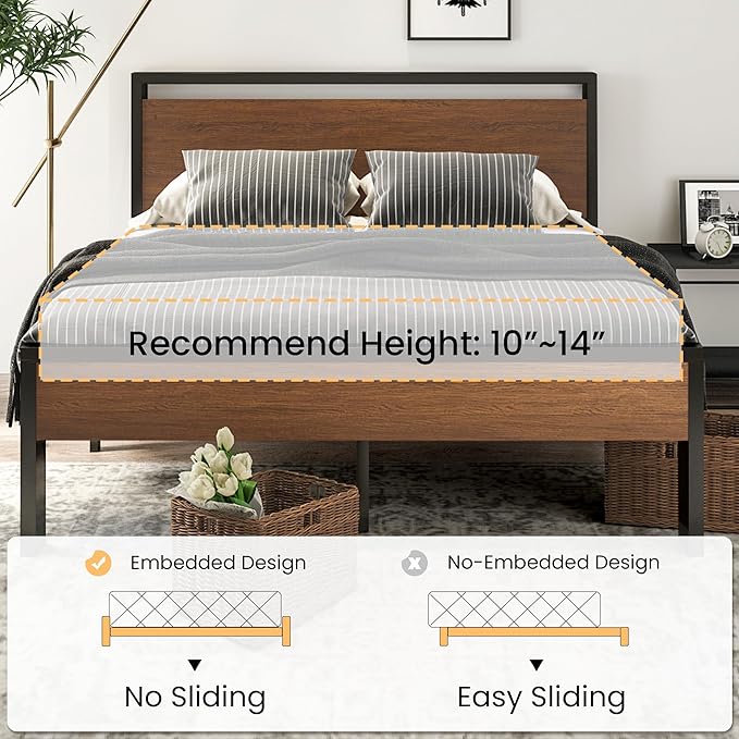 SHA CERLIN 14 Inch Queen Size Metal Platform Bed Frame with Wooden Headboard and Footboard, Mattress Foundation, No Box Spring Needed, Large Under Bed Storage, Non-Slip Without Noise, Walnut