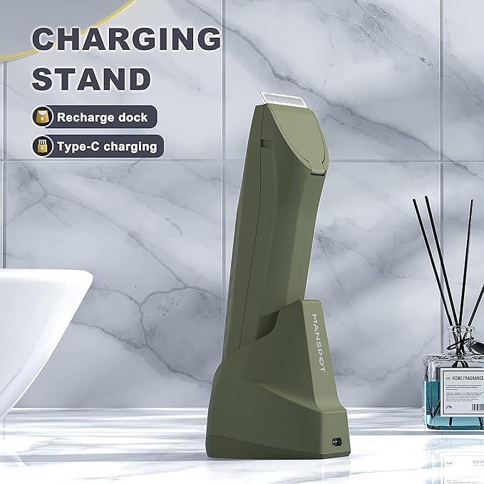 MANSPOT Manscape Trimmer for Men Ball/Pubic/Groin, Electric Body Hair Trimmer, Replaceable Ceramic Blade Heads,Waterproof for Wet/Dry Use,Standing Recharge Dock,90 Minutes Shaving After Charged(Green)