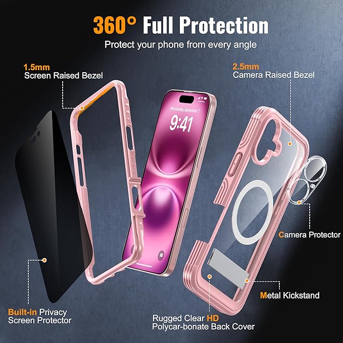 360° Protection Magnetic for iPhone 16 Case Built-in 9H Privacy Screen Protector & Metal Stand[Fit for Magsafe][Anti-Spy][Lens Protector] Heavy Duty Shockproof Phone Case for iPhone 16(Pink)