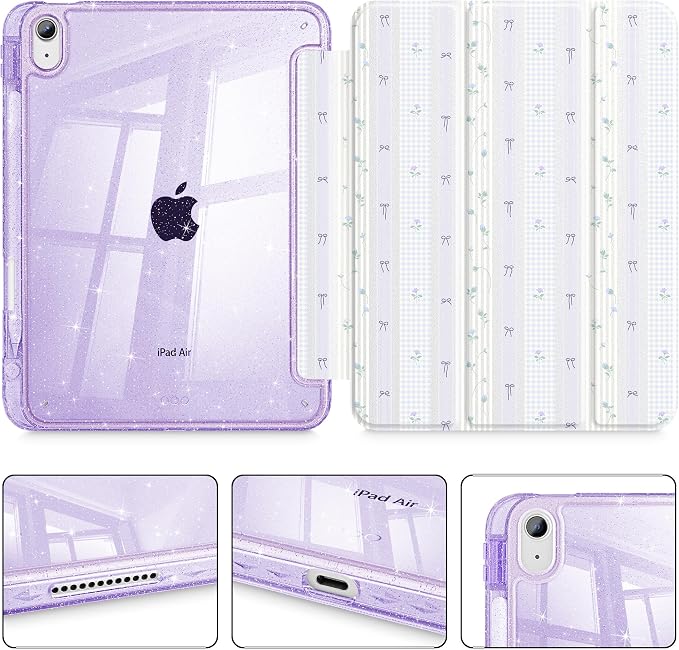 for iPad Air 11 inch M4/M3/M2 (2026/2025/2024) iPad Air 5th/4th Gen (2022/2020) 10.9 inch with Pencil Holder Glitter Clear Pretevtive Cover Auto Wake/Sleep Black Cartoon Stickers