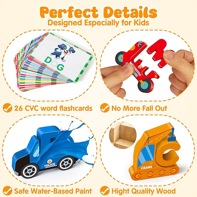 Vanmor Wooden Vehicle Alphabet Puzzle for Toddlers, Traffic ABC Letter Sight Words Matching Game with 52 Blocks and Flash Cards, Montessori Spelling Game Learning Toys, Easter Basket Stuffers for Kids