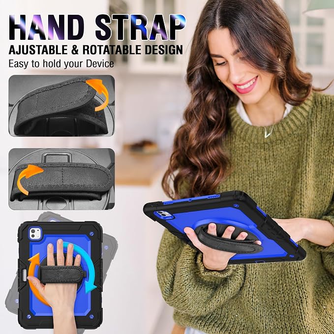 iPad Pro 11 Inch Case 2024 with Screen Protector Pen Holder | iPad Pro 11 5th Generation Case | Three Layer Shockproof Defender Protective Cover W/Stand Hand Strap for iPad A2836/A2837 | Black