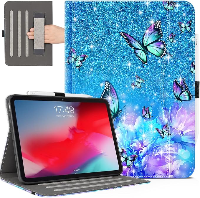 Case for iPad Air 13-inch M4/M3/M2 iPad Pro 12.9 6th/5th/4th/3rd Generation Case with Pencil Holder Multi-Angle Adjustable Stand Shockproof Pocket/Hand Strap/Auto Wake Sleep Sunflowers Butterfly