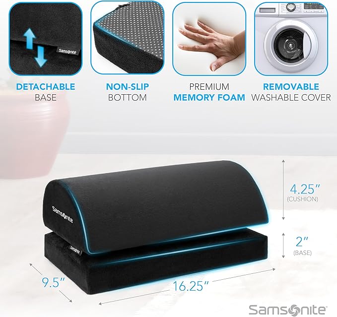 Samsonite Ergonomic Foot Rest, Adjustable Memory Foam Foot Stool for Under Desk at Work, Office Desk Accessories for Long Sessions and RelaxingComfort