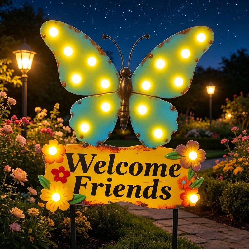 Decorative Garden Stakes Large 45" with 18 Bulbs Solar String Lights Outdoor Waterproof, Butterfly Solar Lights for Outside with Welcome Friends Garden Sign for Yard, Patio, Pathway