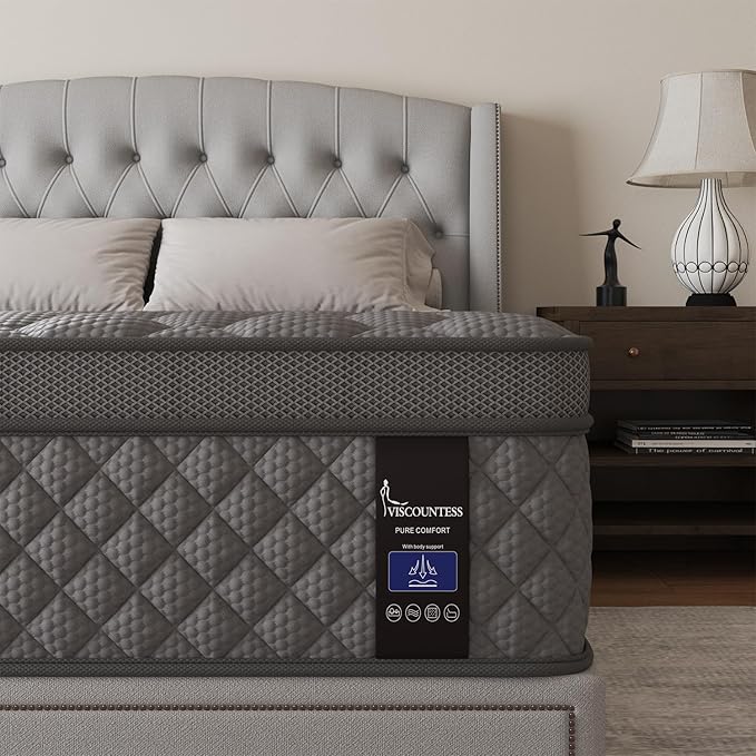King Mattress, 10 Inch Hybrid Mattresses Grey Medium Firm for Back & Lumbar Support, 100 Night Trial, Individual Pocket Spring Mattresses for Motion Isolation & Pressure Relief
