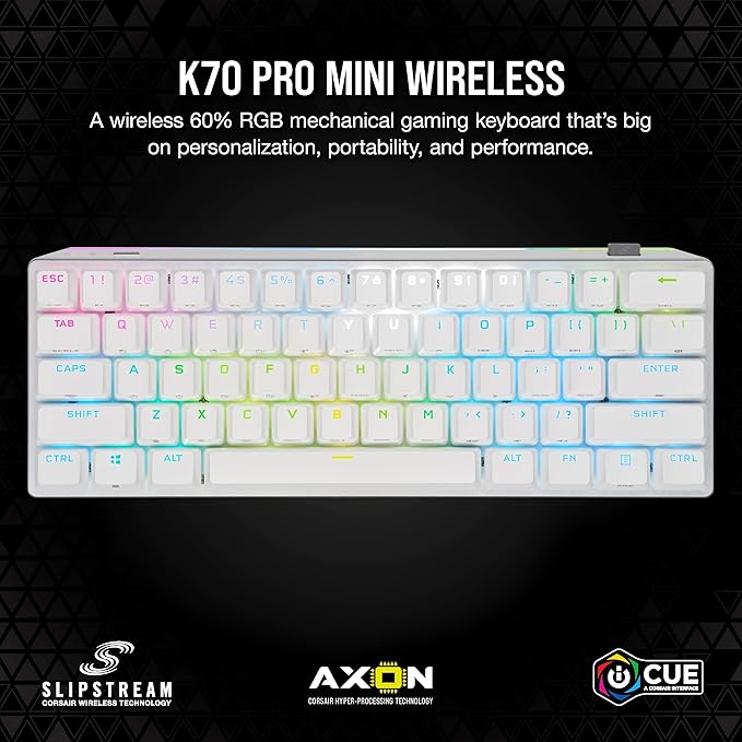 Corsair K70 PRO MINI Wireless RGB 60% Mechanical Gaming Keyboard - Fastest Sub-1ms Wireless, Swappable Cherry MX Speed Keyswitches, Aluminum Frame, PBT Double-Shot Keycaps - NA Layout, QWERTY - White
