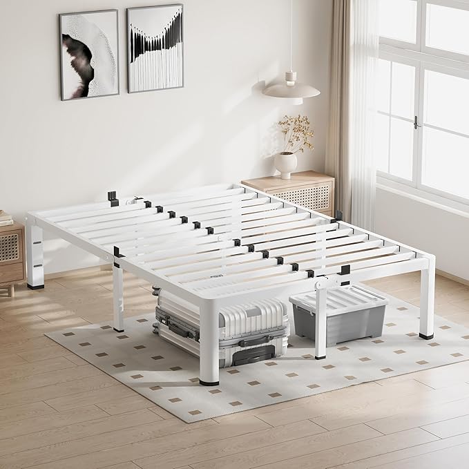 18 Inch King Size White Bed Frame, 3500Lbs Heavy Duty Metal Platform with Round Corner Legs Mattress Slide Stopper, Steel Slat Support No Box Spring Needed, Noise Free, Non-Slip, Easy Assembly