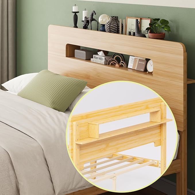 ZIYOO Solid Bamboo Wood Full Size Bed Frame with Storage Headboard, 14 inch Platform Bed Frame Full No Box Spring Needed with Steel Slats, Sturdy and Stable, Easy Assembly, Noise Free