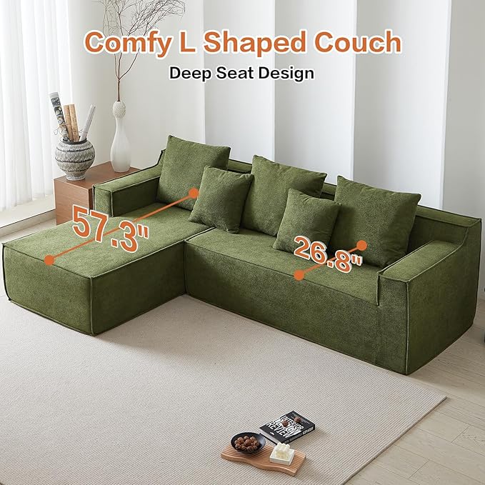 101" Boneless Couches for Living Room, Fully Memory Foam Sofa with Deep Seat, L Shape Sectional Couch Velvet Fabric, Compressed Sofa in a Box,No Assembly Required (Green)
