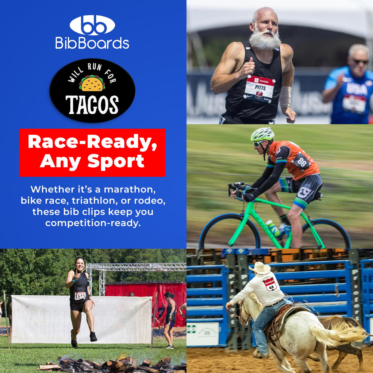 BibBoards bibSNAPS Race Bib Clips, Will Run for Tacos, 4 Pack